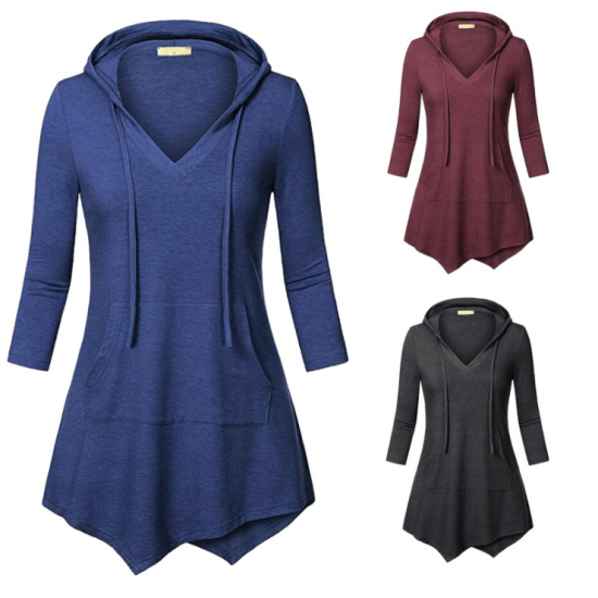 Women Fashion V Neck Hoodie Red Irregular Striped Long Sweater Hoodie WH-15RD image