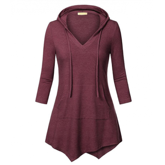 Women Fashion V Neck Hoodie Red Irregular Striped Long Sweater Hoodie WH-15RD image