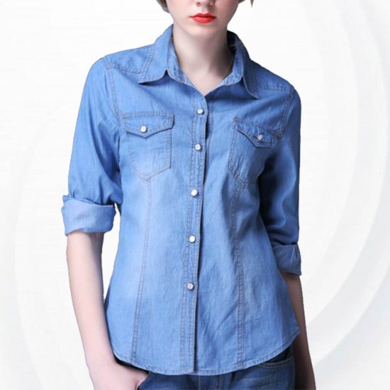 Womens Fashion New Slim Denim Cardigan Stylish Long Sleeve Light Blue Color Shirt WC-91LB