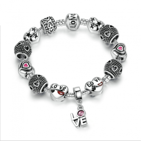 Silver Charm Alloy Bracelet with Love and Flower Crystal Ball CBD-16 Silver Charm Alloy Bracelet with Love and Flower Crystal Ball CBD-16