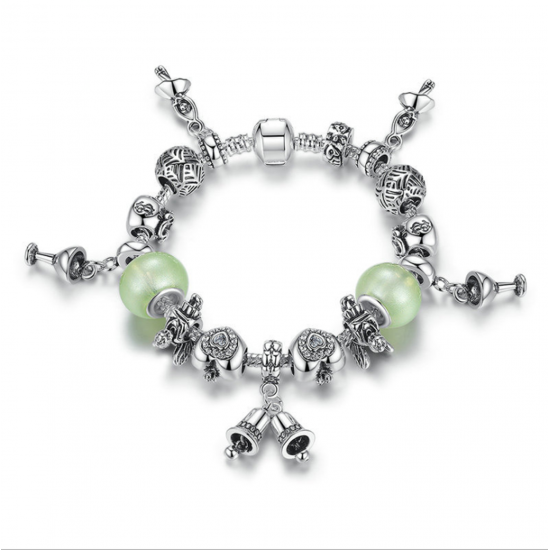 Women Silver Bells Hanging Bracelet with Light Green DIY Beads CBD-18 Women Silver Bells Hanging Bracelet with Light Green DIY Beads CBD-18