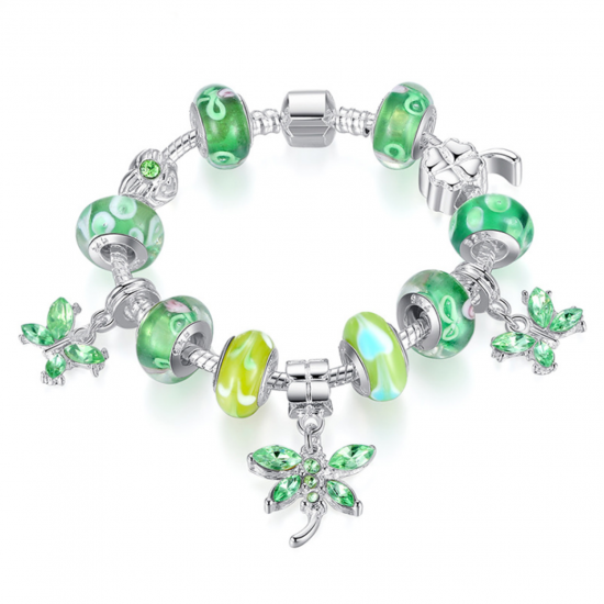 Women Silver Charm Bracelet with Green Butterfly Beads Chain CBD-29 Women Silver Charm Bracelet with Green Butterfly Beads Chain CBD-29