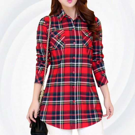 Women Long Paragraph Plaid Red color Cotton Long Sleeve Casual Shirt WC-106