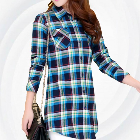 Women Long Paragraph Plaid Blue Cotton Long Sleeve Casual Shirt WC-107 Women Long Paragraph Plaid Blue Cotton Long Sleeve Casual Shirt WC-107