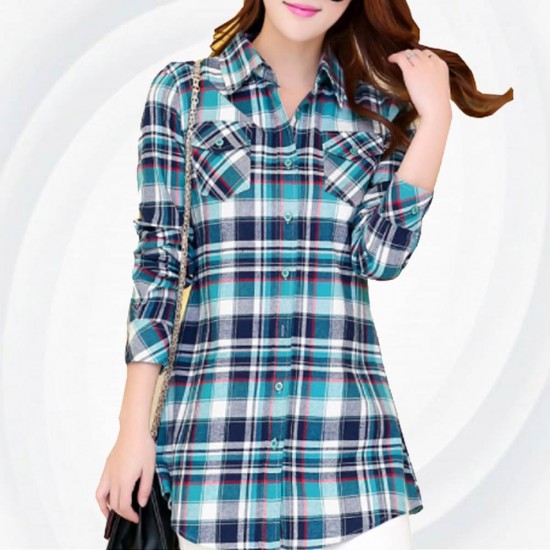 Women Long Paragraph Plaid Green and Blue Cotton Long Sleeve Casual Shirt WC-105 Women Long Paragraph Plaid Green and Blue Cotton Long Sleeve Casual Shirt WC-105