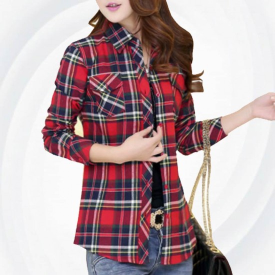 Women Paragraph Checkered Lines Red Cotton Casual Shirt WC-114RD