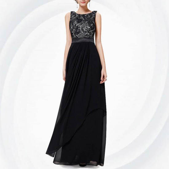 Women Black Elegant Lace & Chiffon Long Maxi Evening Party Dress WC-121BK