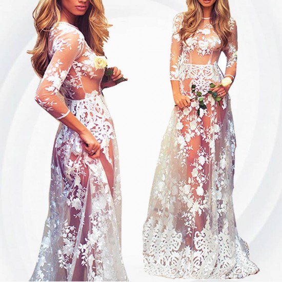 Summer Sexy Long Transparent Lace Round Neck Evening Dress WC-129