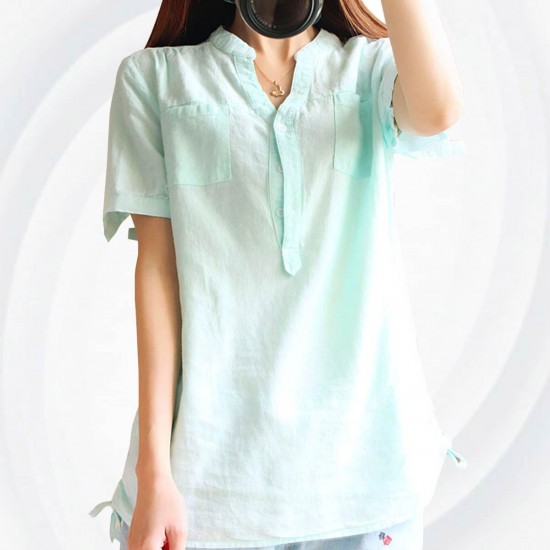 Women Light Green Cotton And Linen Short-sleeved Shirt WC-132LG