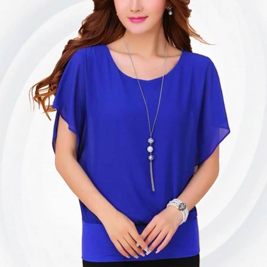 Summer Short Sleeve Round-Neck Blue Chiffon Shirt for Women WC-149BL
