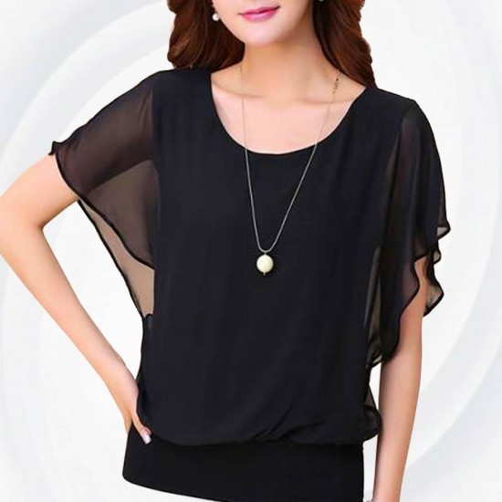 Summer Short Sleeve Round-Neck Black Chiffon Shirt for Women WC-149BK