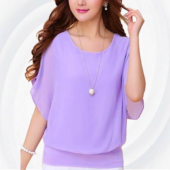 Summer Short Sleeve Round-Neck Purple Chiffon Shirt for Women WC-149PR