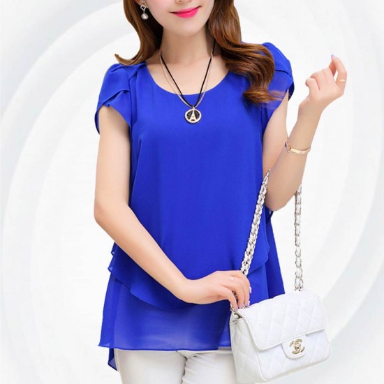 Elegant Chiffon Short Sleeve Blue Loose Bottom Top for Women WC-150BL