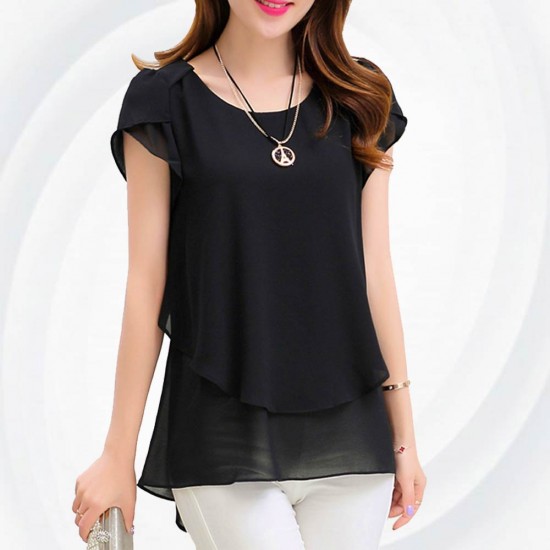 Elegant Chiffon Short Sleeve Black Loose Bottom Top for Women WC-150BK image