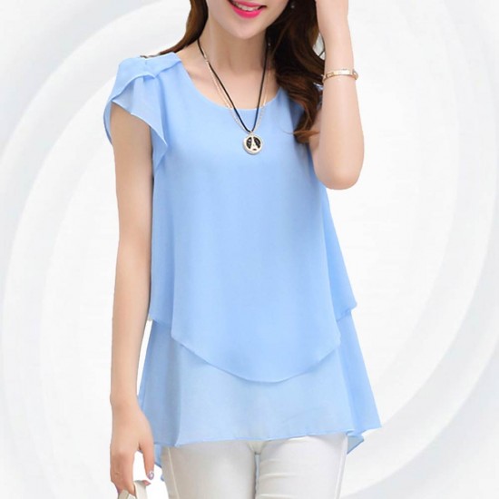 Elegant Chiffon Short Sleeve Light Blue Loose Bottom Top for Women WC-150LB