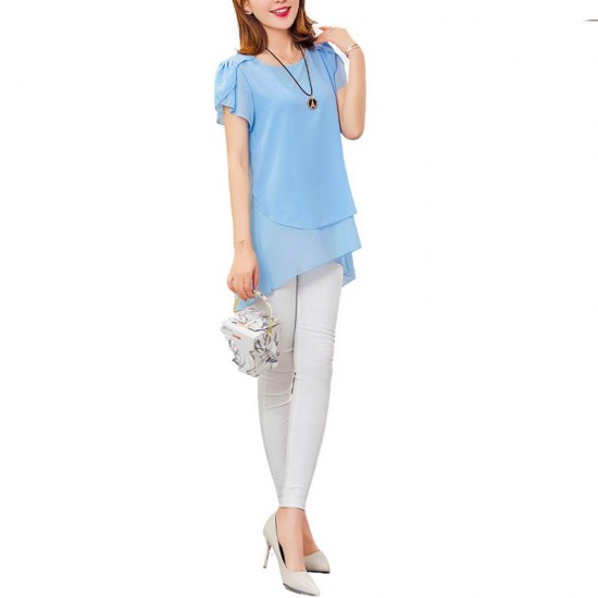 Elegant Chiffon Short Sleeve Light Blue Loose Bottom Top for Women WC-150LB image