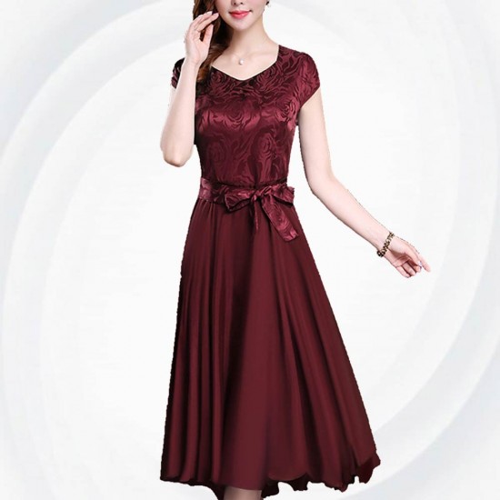 Women Summer Elegant Red Short-sleeved Slim Pleated Party Dress WC-153RD