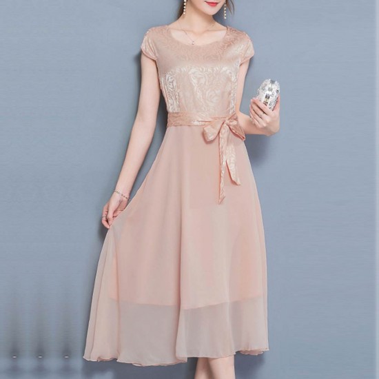 Women Summer Elegant Biege Short-sleeved Slim Pleated Party Dress WC-153G