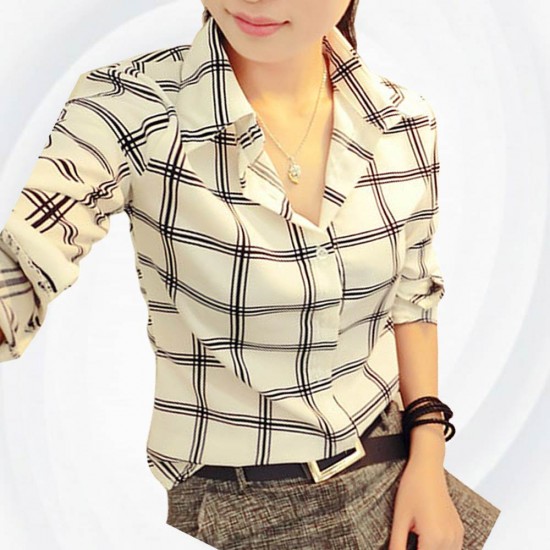 Women Fashion Lattice Simple Black And White Long-Sleeved Shirt WC-155W