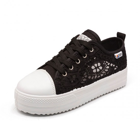 Women Spring and summer thick canvas hollow black breathable lace shoes S-113BK Women Spring and summer thick canvas hollow black breathable lace shoes S-113BK