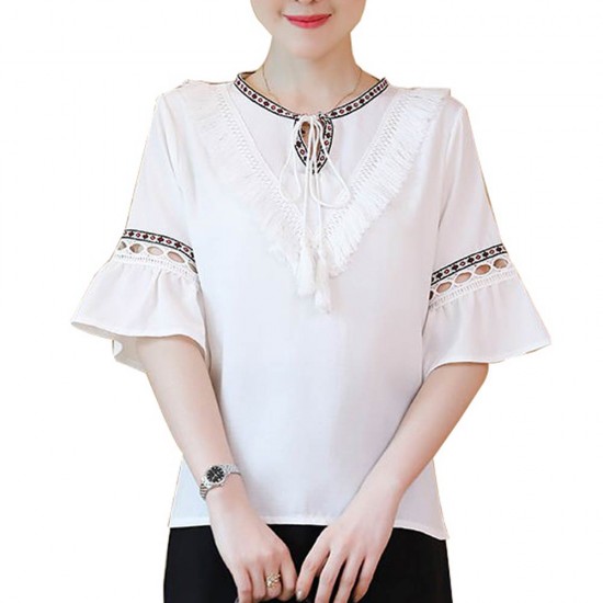 Women Elegant Summer Cotton Pom Pom Blouse Short Sleeve Shirt WC-170W Women Elegant Summer Cotton Pom Pom Blouse Short Sleeve Shirt WC-170W