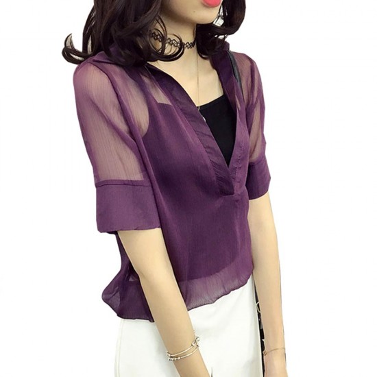 Women purple Thin Sexy Mesh Chiffon Shirt With Inner Cover WC-172PR Women purple Thin Sexy Mesh Chiffon Shirt With Inner Cover WC-172PR
