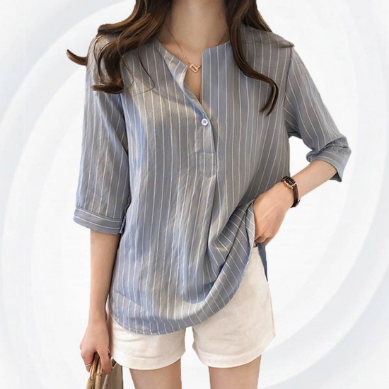 Summer Fashion Round Neck Short Sleeve Striped Casual Shirt WC-174GR Summer Fashion Round Neck Short Sleeve Striped Casual Shirt WC-174GR
