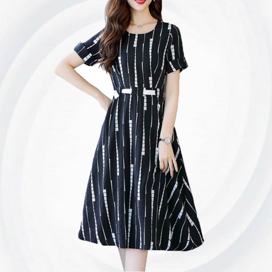 Summer Short Sleeved White Printed Strips High Waist Dress WC-189BK