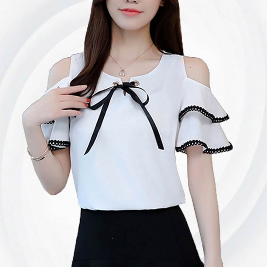 Summer New Off Shoulder Ruffle Tie Bow Short Sleeve ladies Top WC-192W
