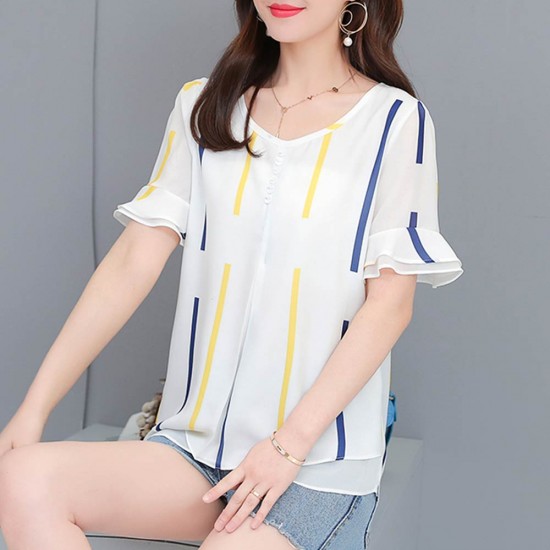 Summer Chiffon Shirt With Yellow & Black Stripe For Women WC-164BL