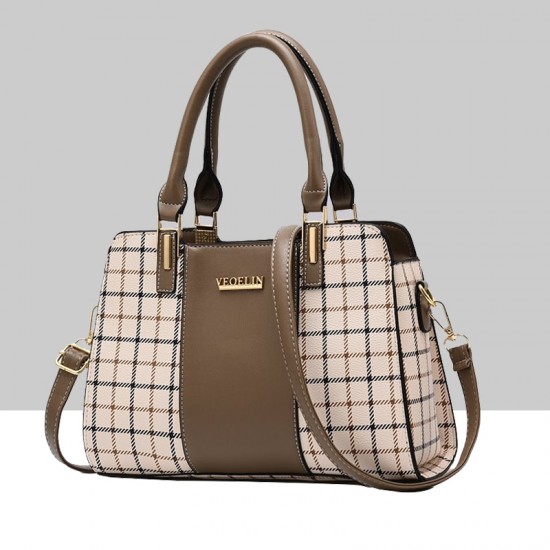 Brown Contrast Plaided Stitching Handbag WB-53BR