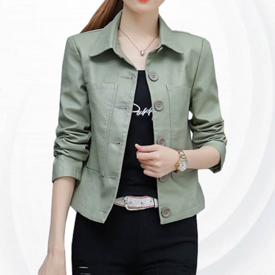 Leather Women Short Paragraph Light Green Color Jacket WJ-43LG