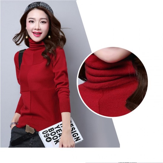 Women's Check Patched High Neck L-Sleeve Sweater WH-26RD image