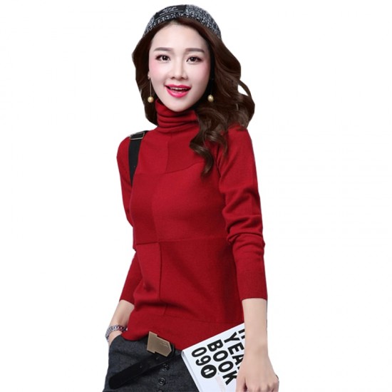 Women's Check Patched High Neck L-Sleeve Sweater WH-26RD image
