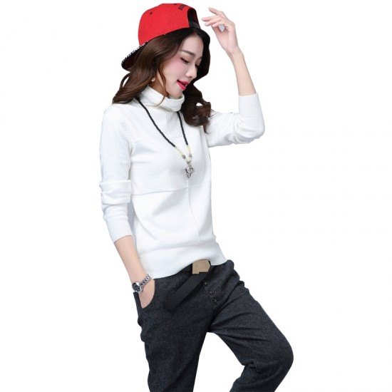 Women's Check Patched High Neck L-Sleeve Sweater WH-26WT image