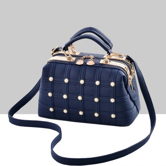 Pearls Decorated Blue Pu Leather Handbag WB-82BL