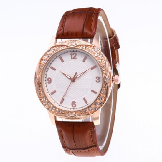 Brown Leather Strap Diamond Dial Bracelet Watch W-47BR