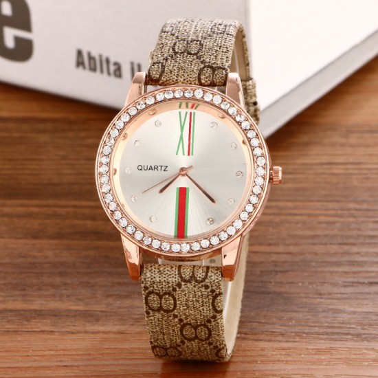 Printed Strapped Crystal Decorated Analogue Watch W-49BG