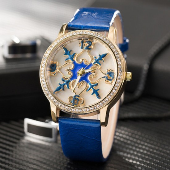 Carved Dial Design Blue Leather Strap Wrist Watch W-58BL