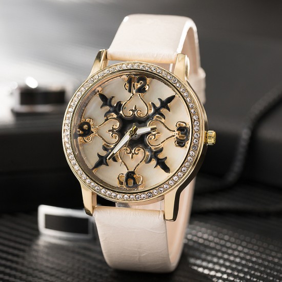 Carved Dial Design Cream Leather Strap Wrist Watch W-58CR