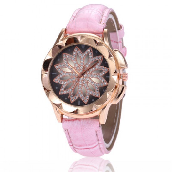 Hollow Floral Dial Design Pink Leather Strap Wrist Watch W-59PK