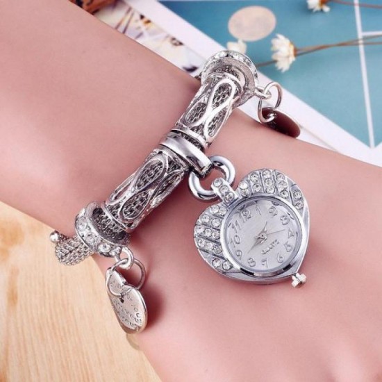 Women Silver Peach Heart Dial Bracelet Watch W-66S