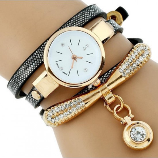 Black Strap Three Layers Pendant Bracelet Watch W-72BK