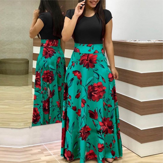 Women's Boho Patchwork Floral Short Sleeve Maxi Dress WC-202BK