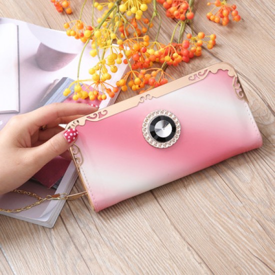 Pink Bright Leather With Diamond Long Wallet WB-110PK