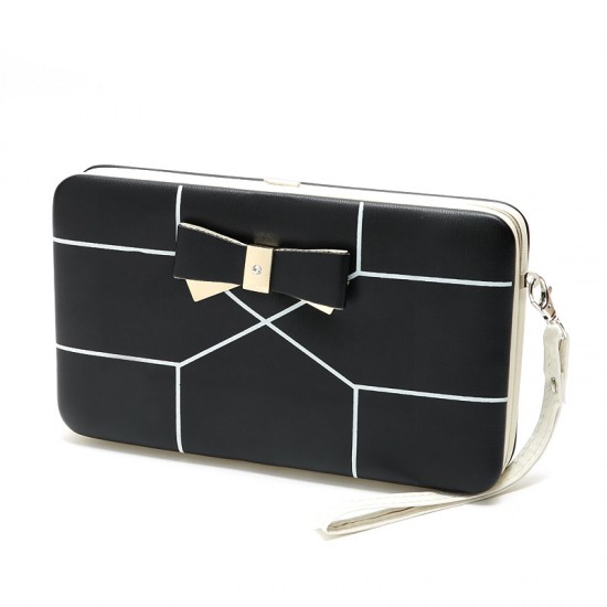 Black with White Lines Bow Knot Long Box Wallet WB-115BK