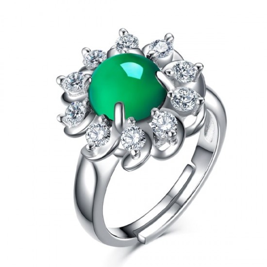 Green Floral Rhinestone Chalcedony Silver Rings R-42