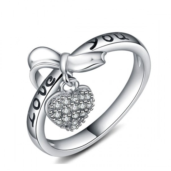 Love Heart Shaped Bow Diamond Sterling Silver Rings R-57S Love Heart Shaped Bow Diamond Sterling Silver Rings R-57S