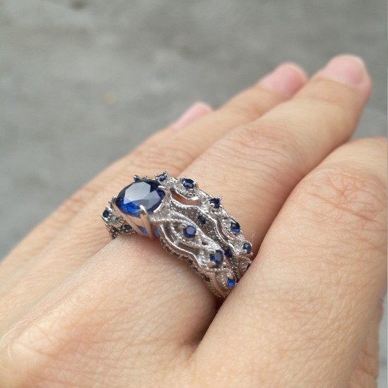 Blue Eternity Sapphire Double Sterling Silver Rings R-55 Blue Eternity Sapphire Double Sterling Silver Rings R-55 |image