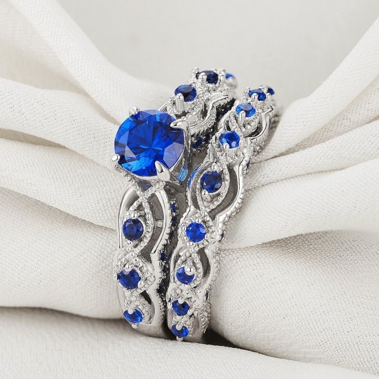 Blue Eternity Sapphire Double Sterling Silver Rings R-55 Blue Eternity Sapphire Double Sterling Silver Rings R-55 |image